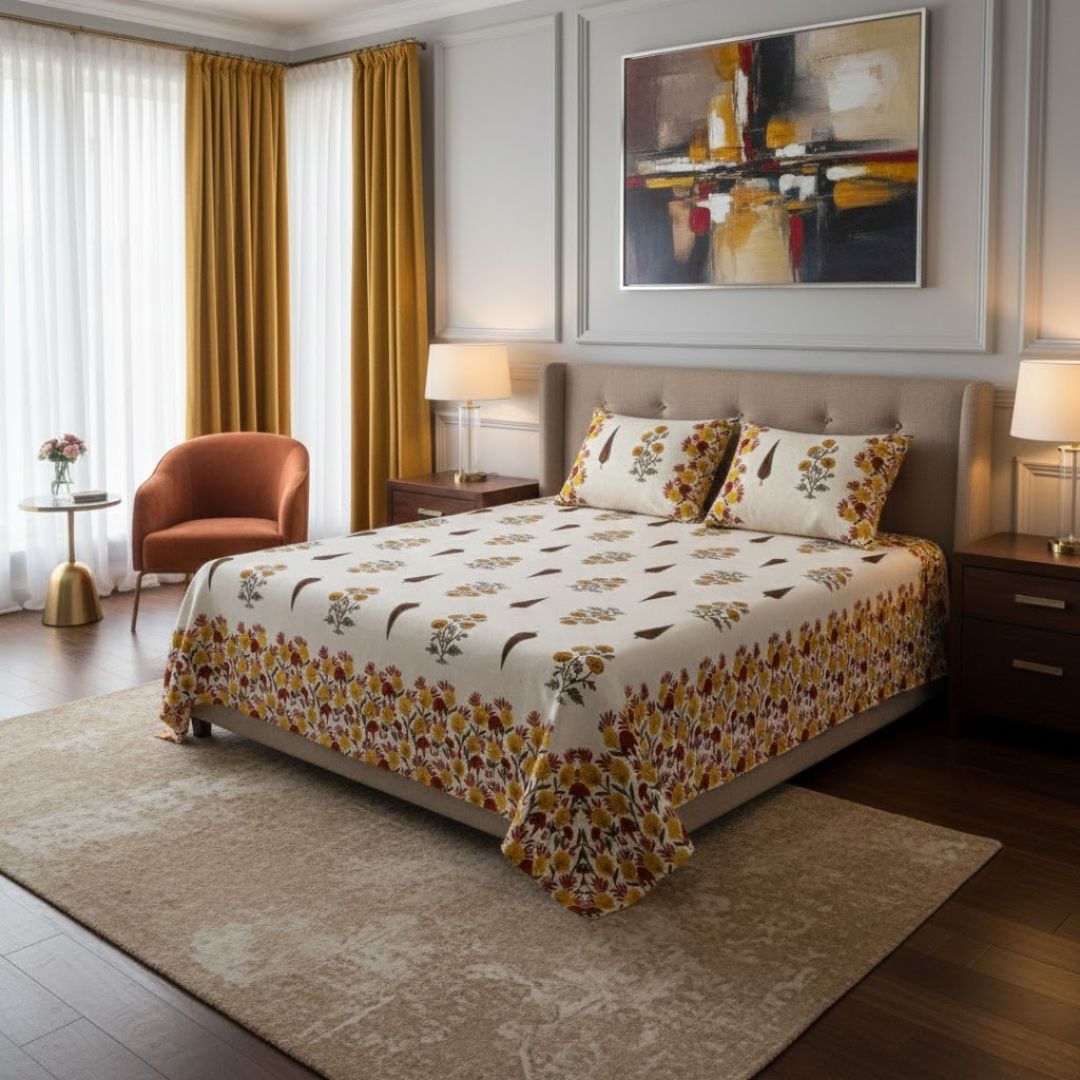 Natures Embrace Mustard Block Print Pure Cotton Double Bedsheet